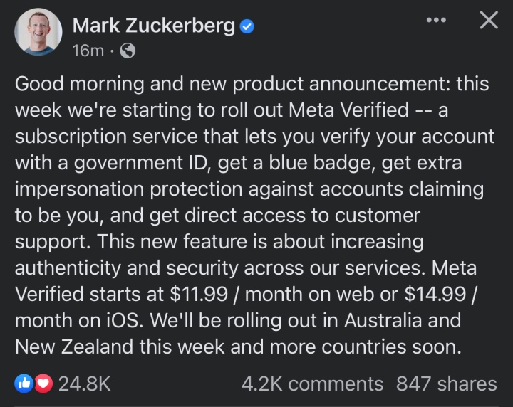 CEO Mark Zuckerberg thông báo Facebook và Instagram chuẩn bị bán tick xanh - 1